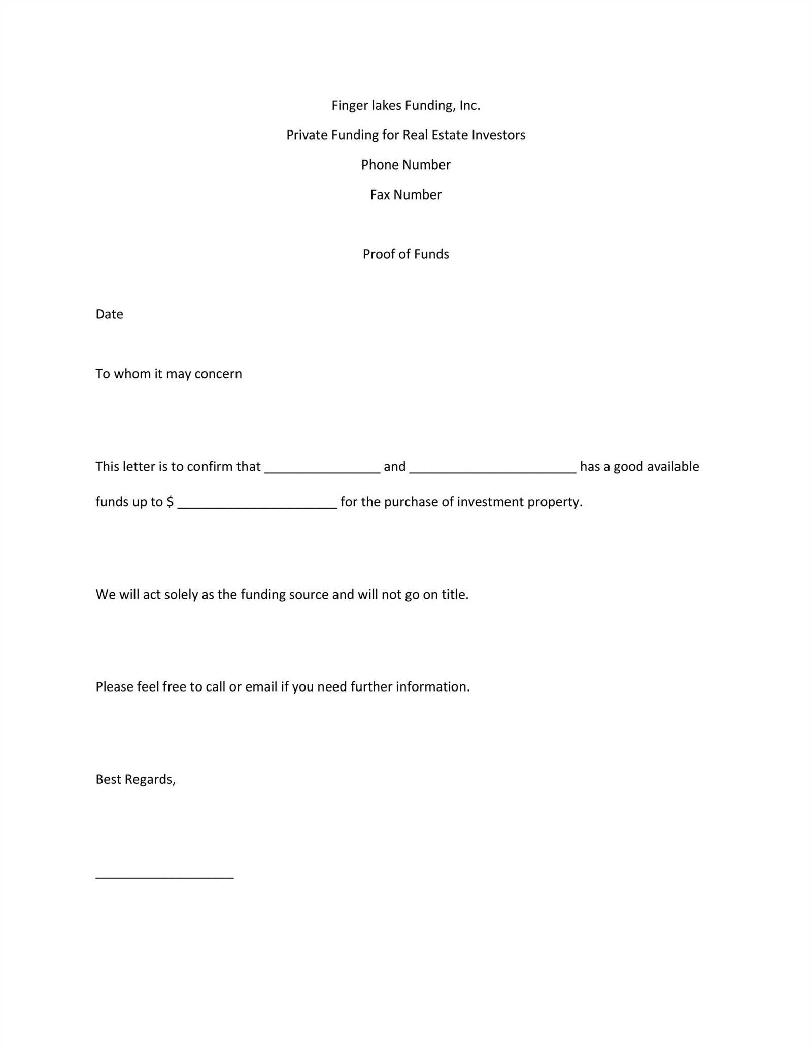 proof of funds letter template word