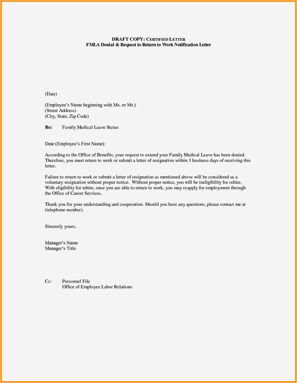 fmla return to work letter template