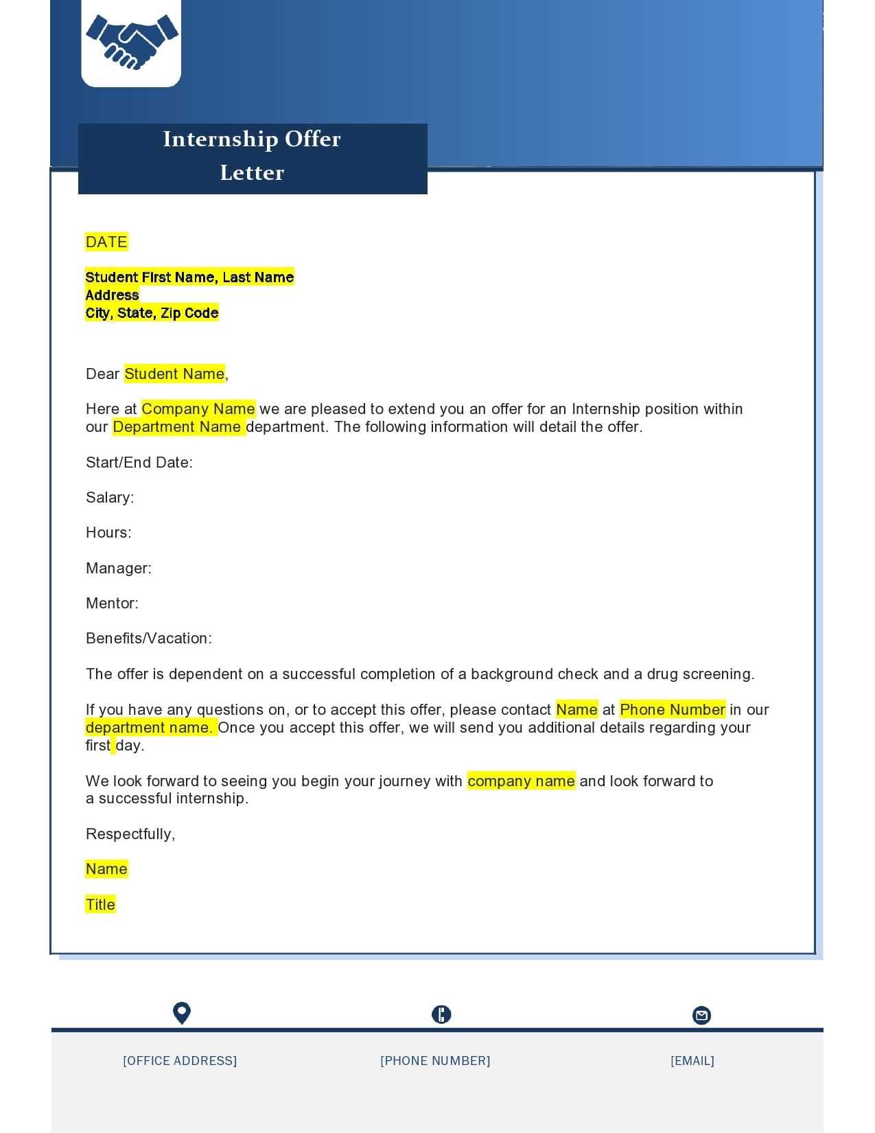 summer internship offer letter template