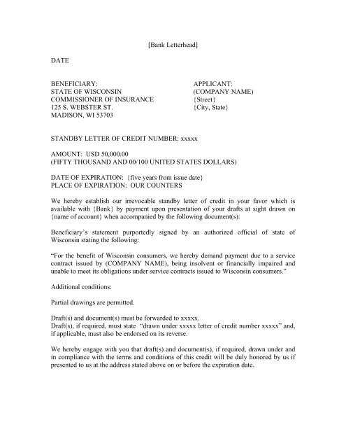 letter of credit explanation template