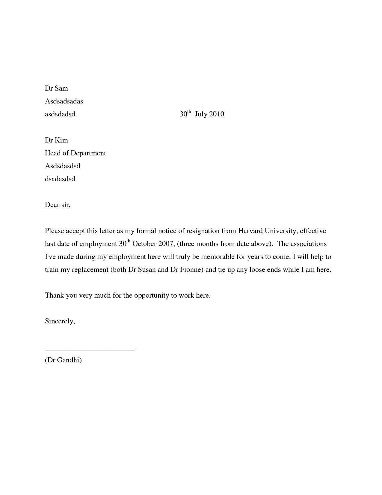 resignation letter format template