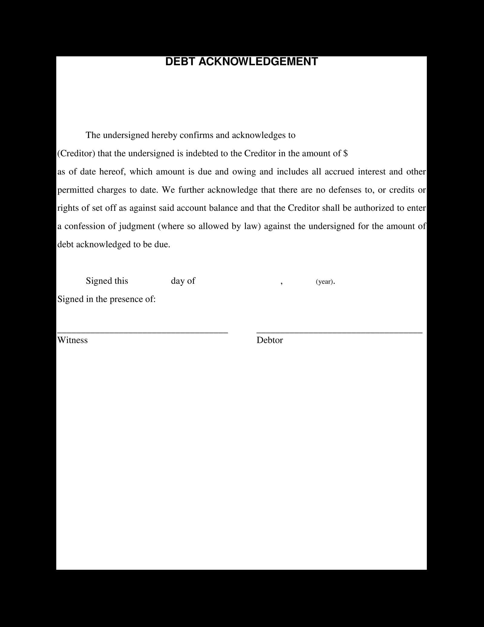 debt acknowledgement letter template