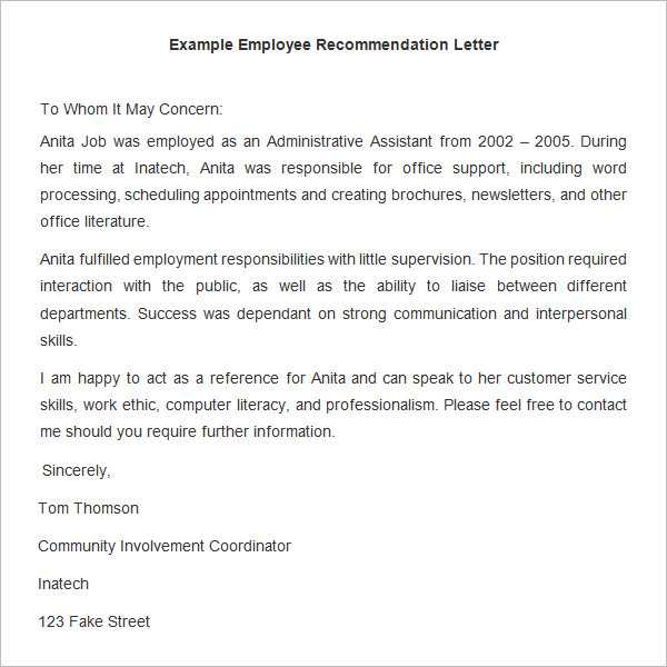 letter of recommendation template employee