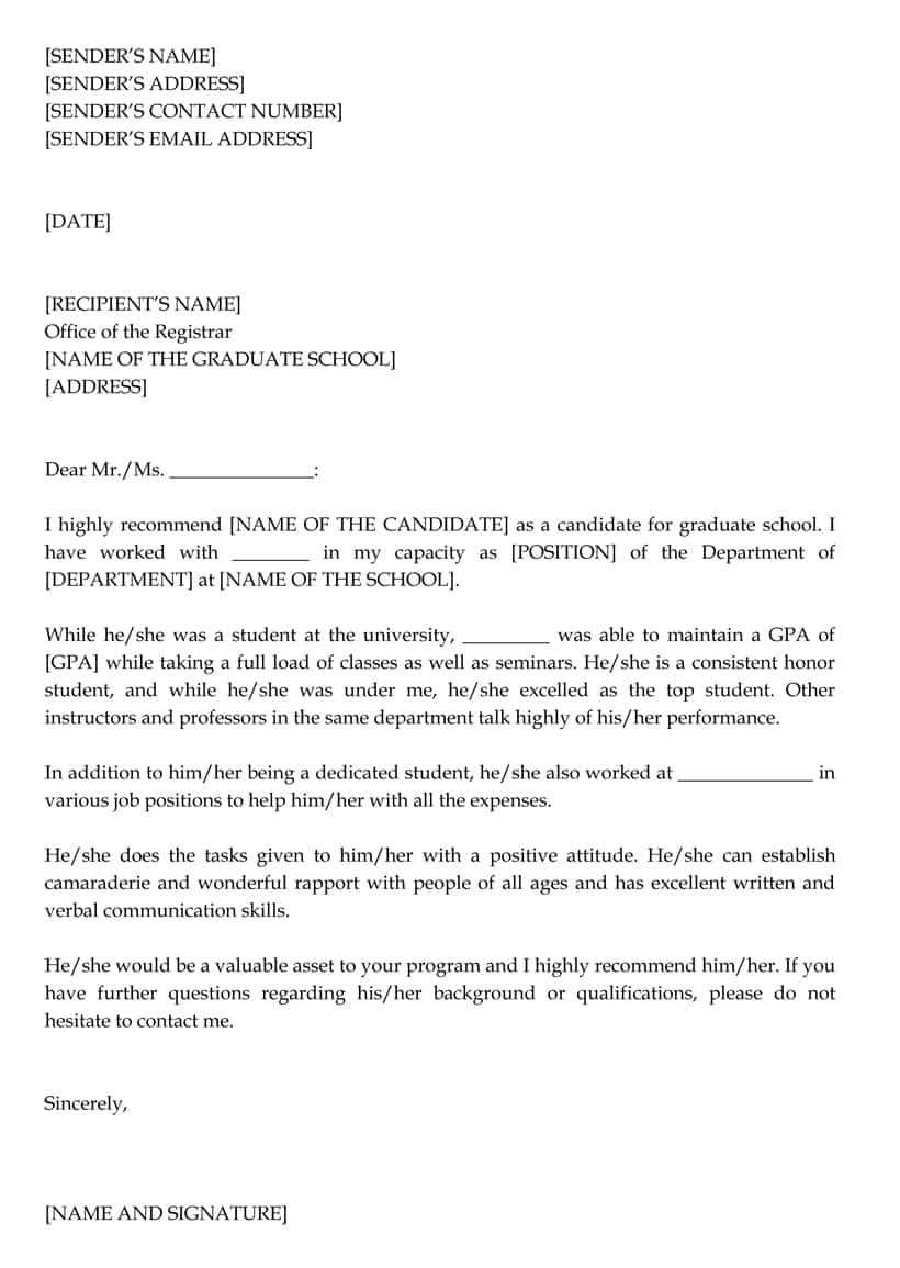 recommendation letter for graduate school template