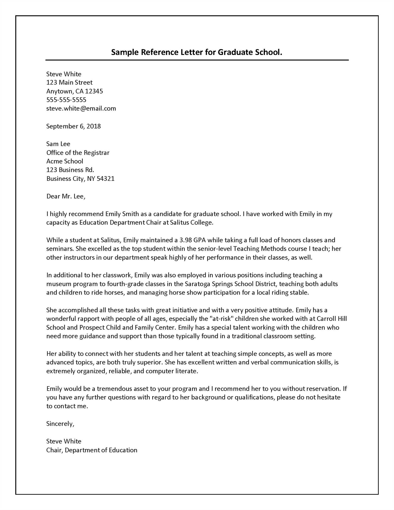 reference letter template for graduate school