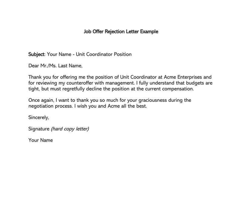 rejection offer letter template