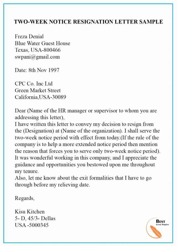 resignation letter 2 week notice template