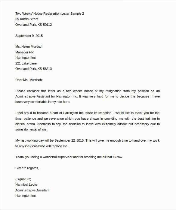 resignation letter 4 weeks notice template