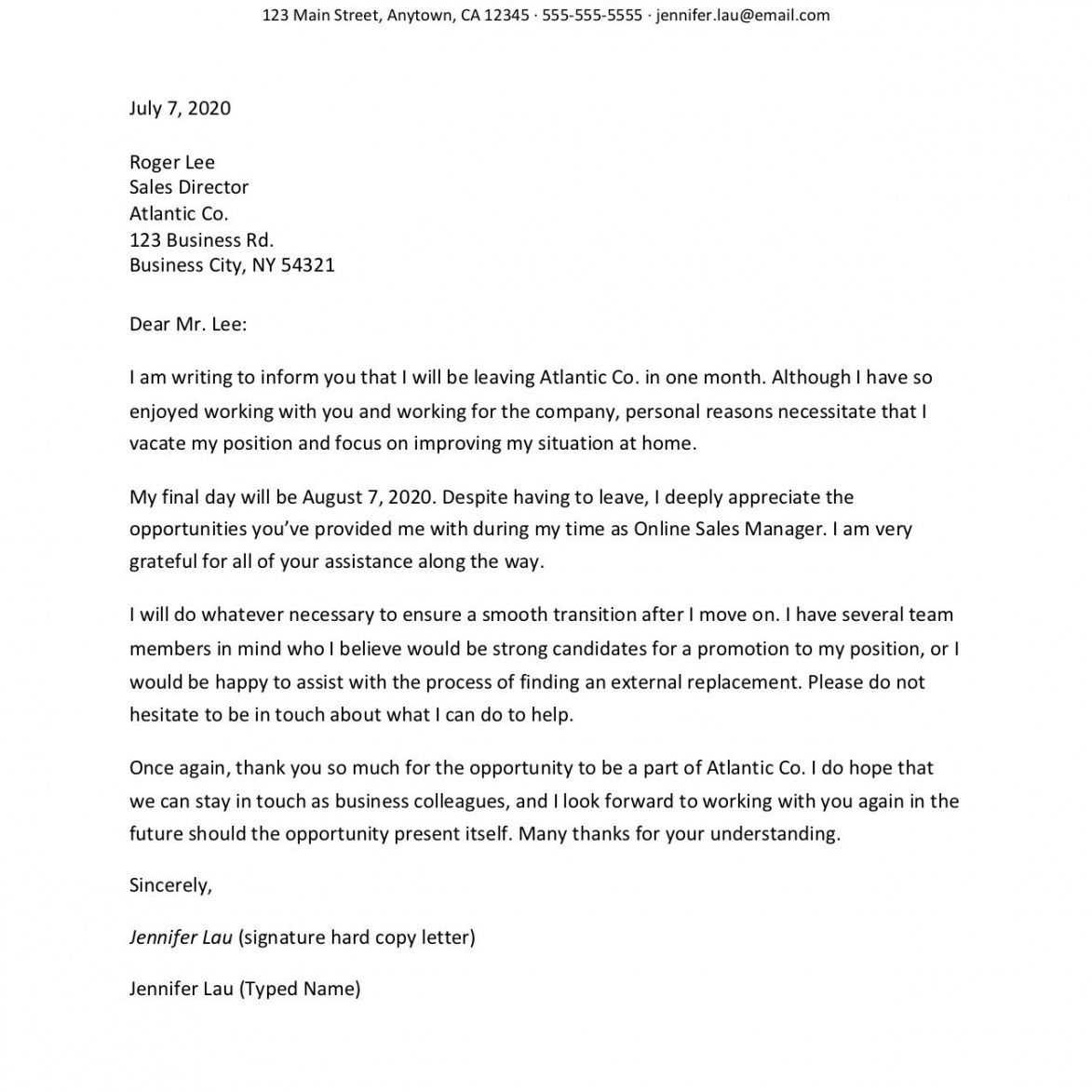 resignation letter format template