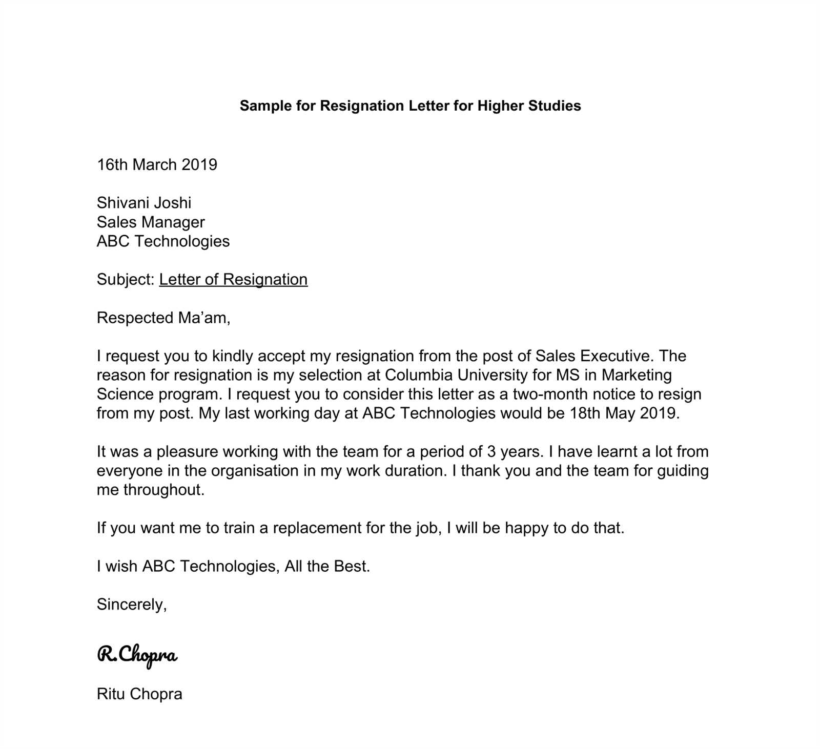 resignation letter template with reason