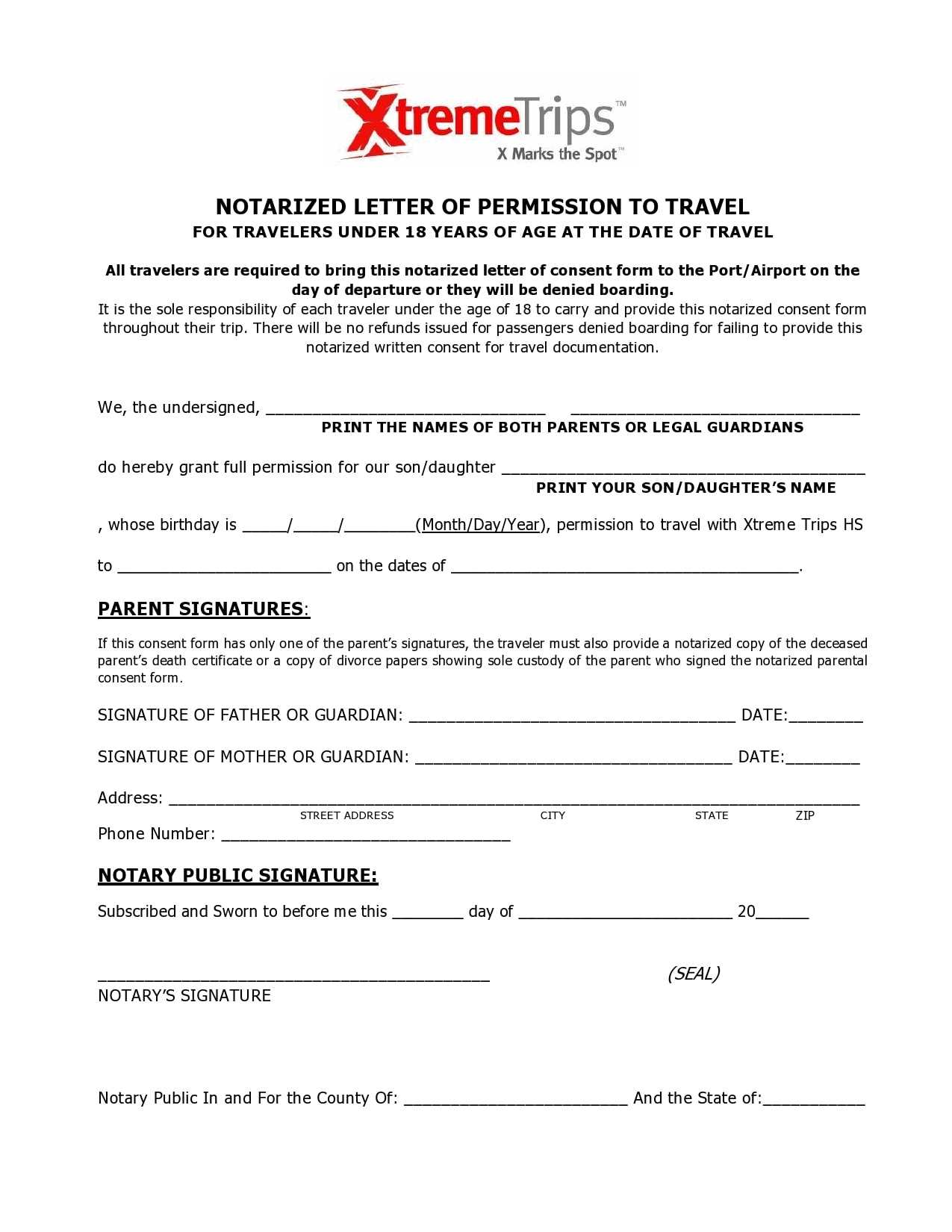 notarized letter template for child travel