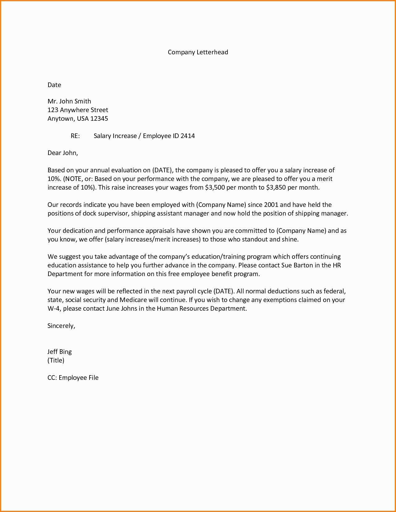 salary increase letter template from employer to employee