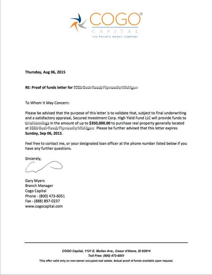 sample proof of funds letter template