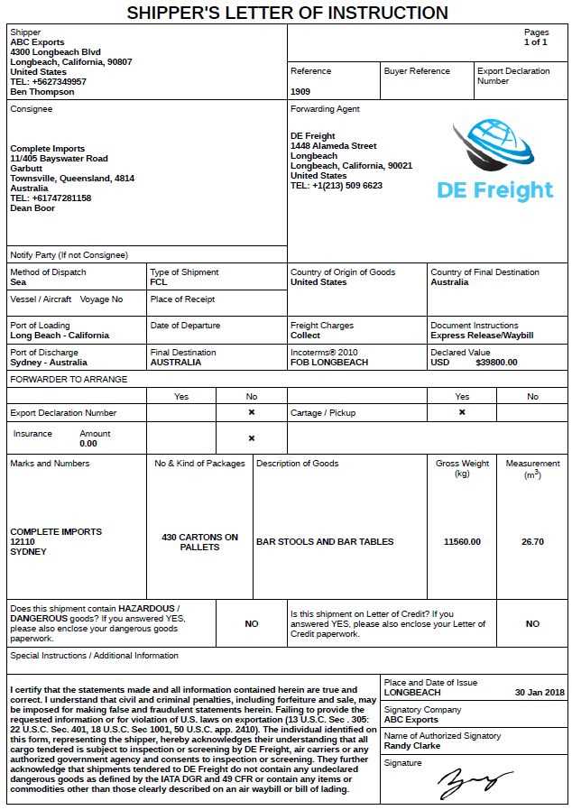 shippers letter of instruction template