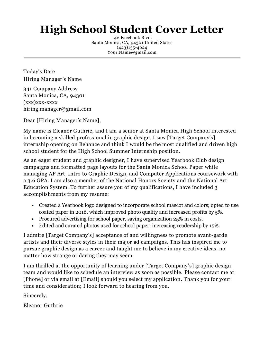 student cover letter template