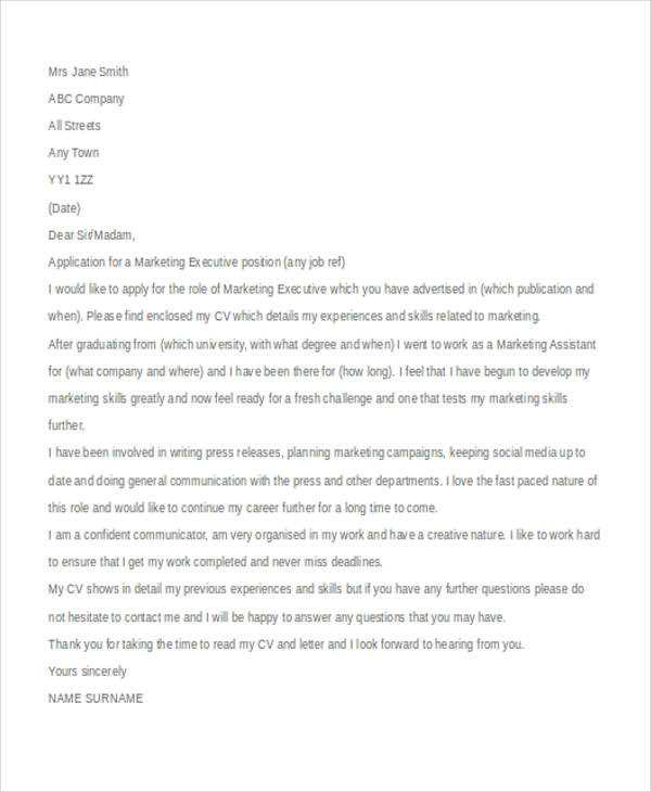 marketing executive cover letter template