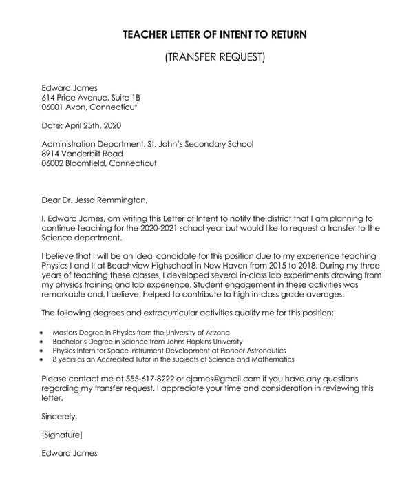 teacher letter of interest template