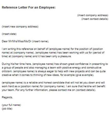 template for letter of reference for employment