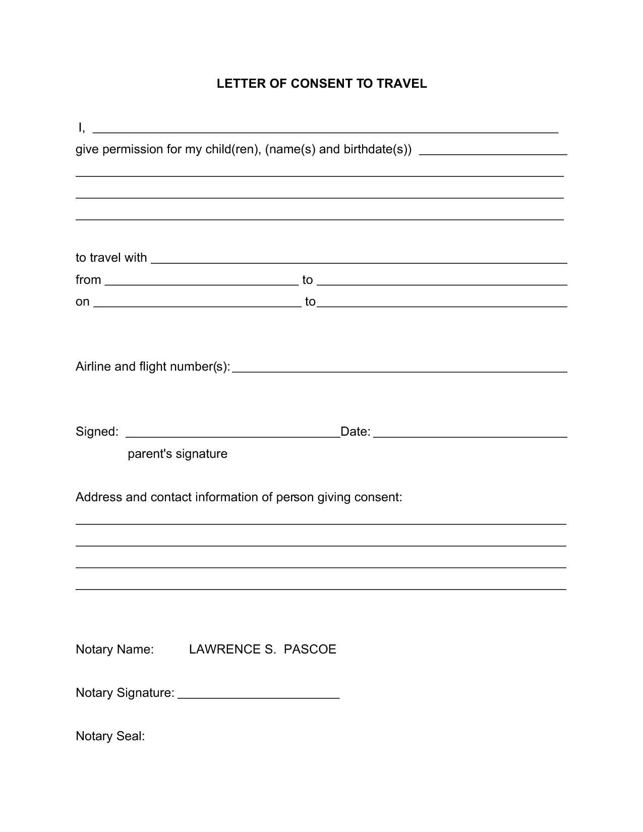 template for permission letter for travel