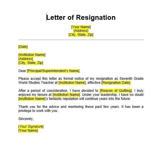 template for writing a letter of resignation