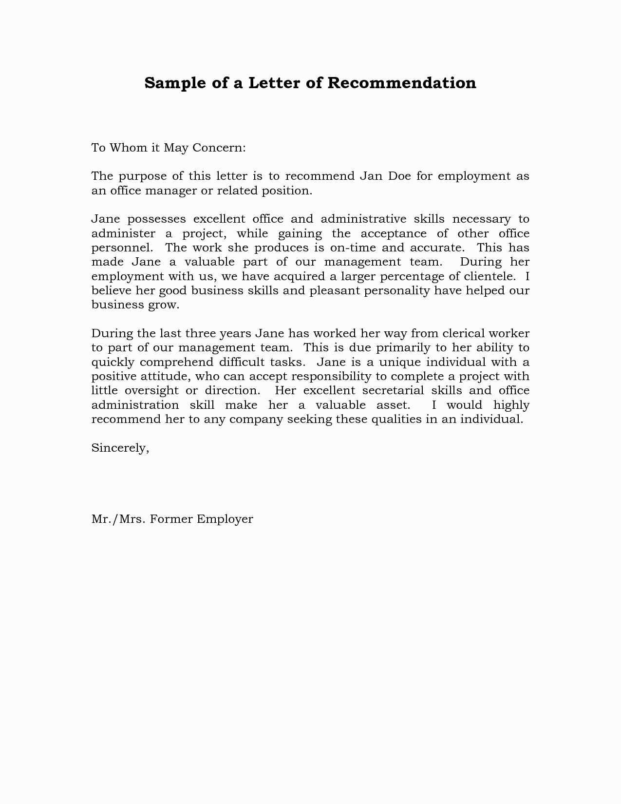 template letter of recommendation for employee