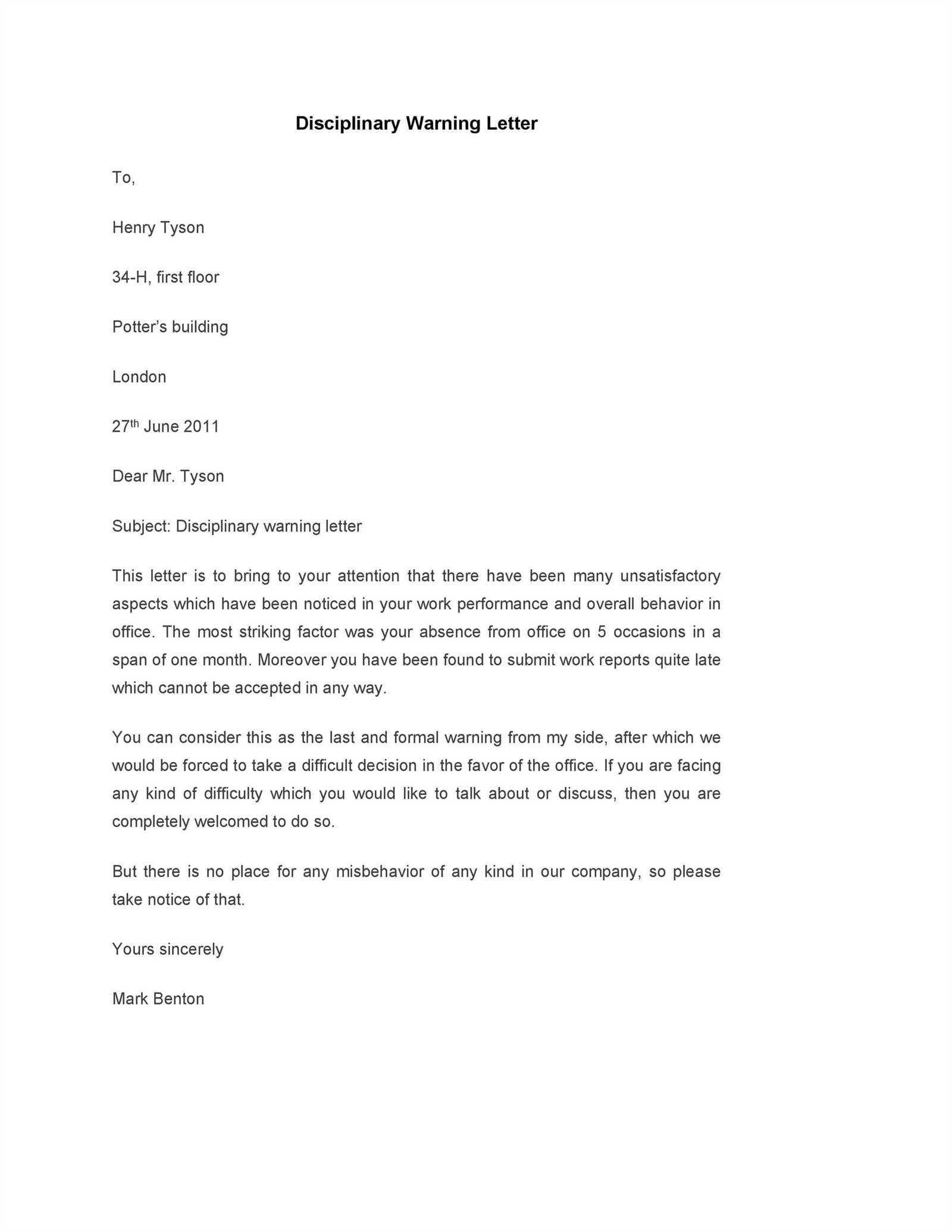 template warning letter employee poor performance