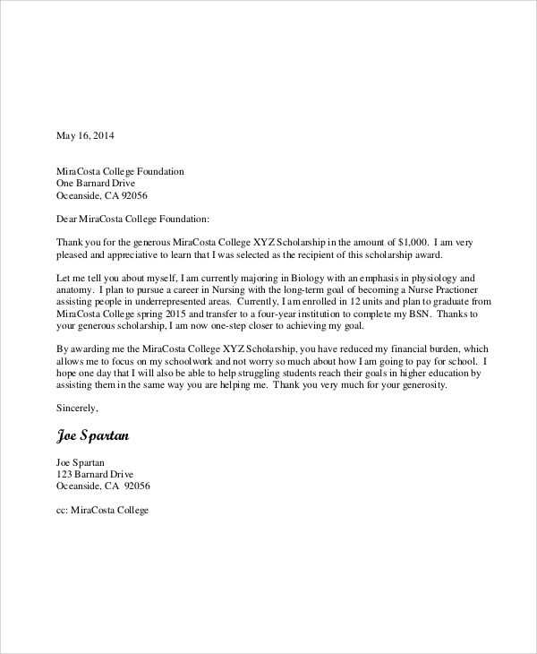 thank you letter for scholarship donor template