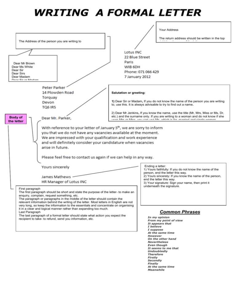 how to write a formal letter template