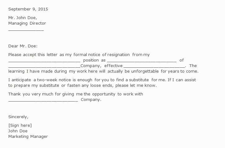 two weeks notice template for resignation letter