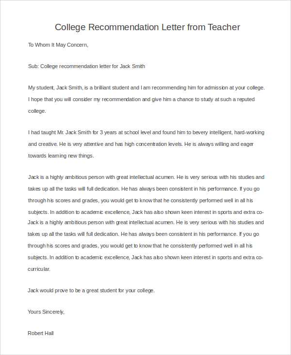 letter of recommendation template for teachers