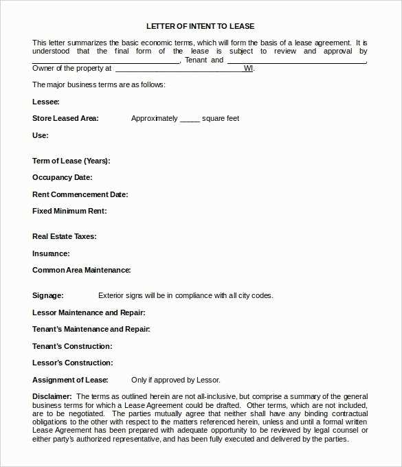 commercial lease letter of intent template