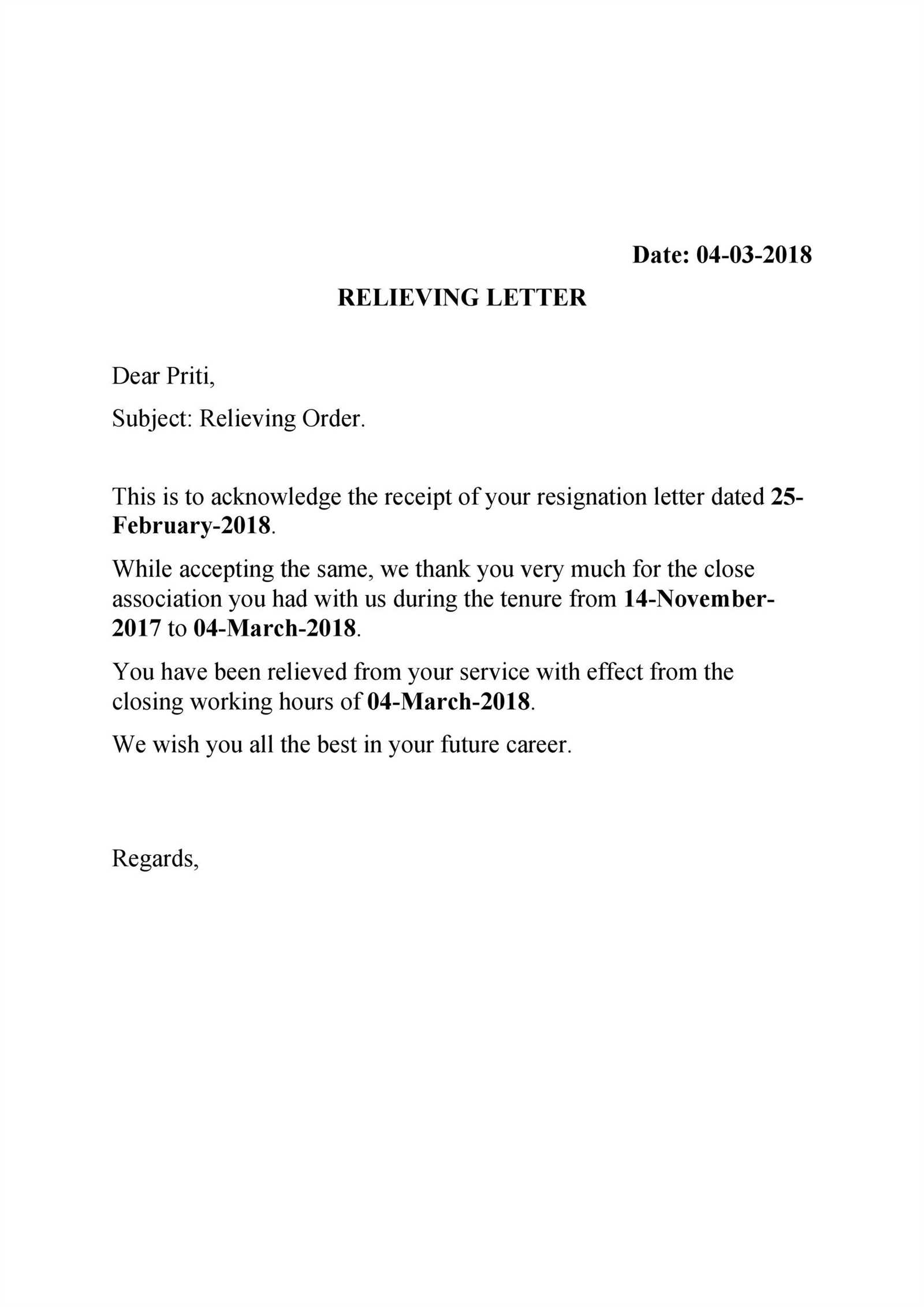 relieving letter template india