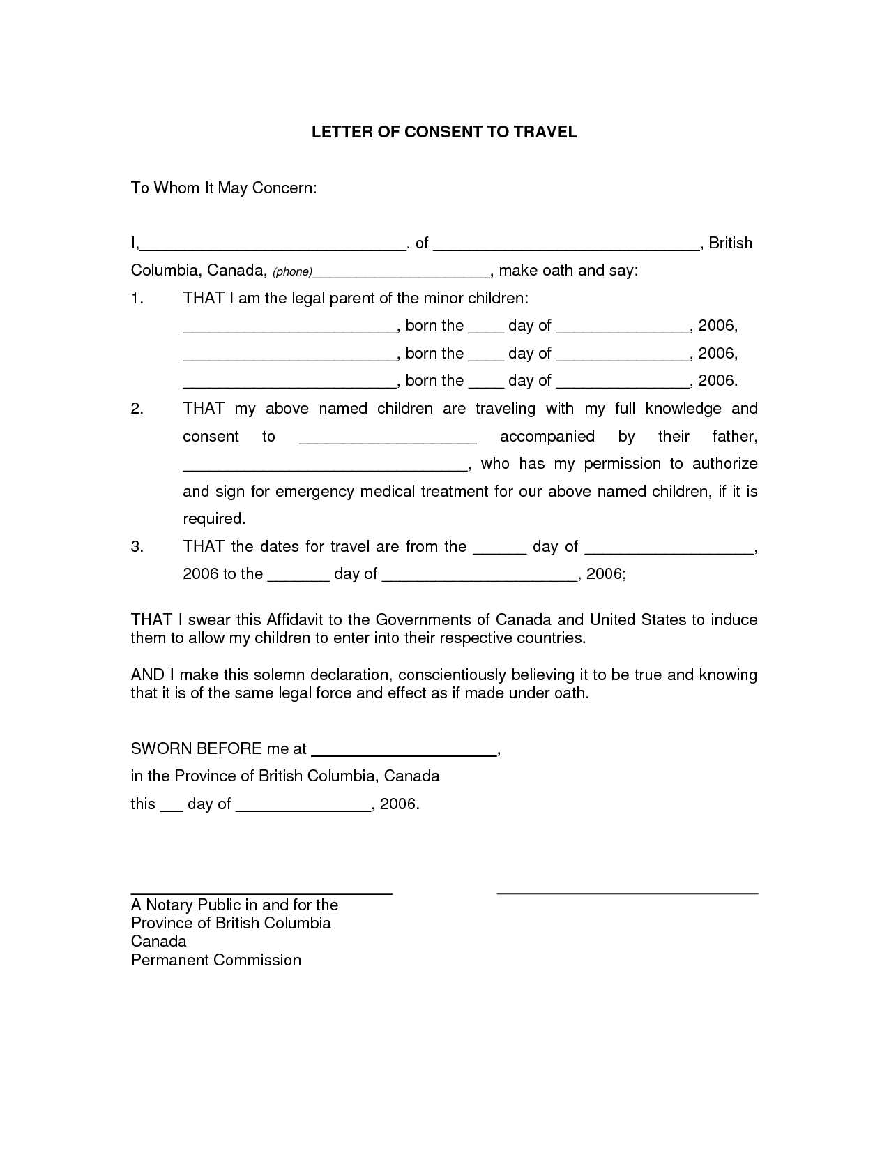 notarized letter template for child travel