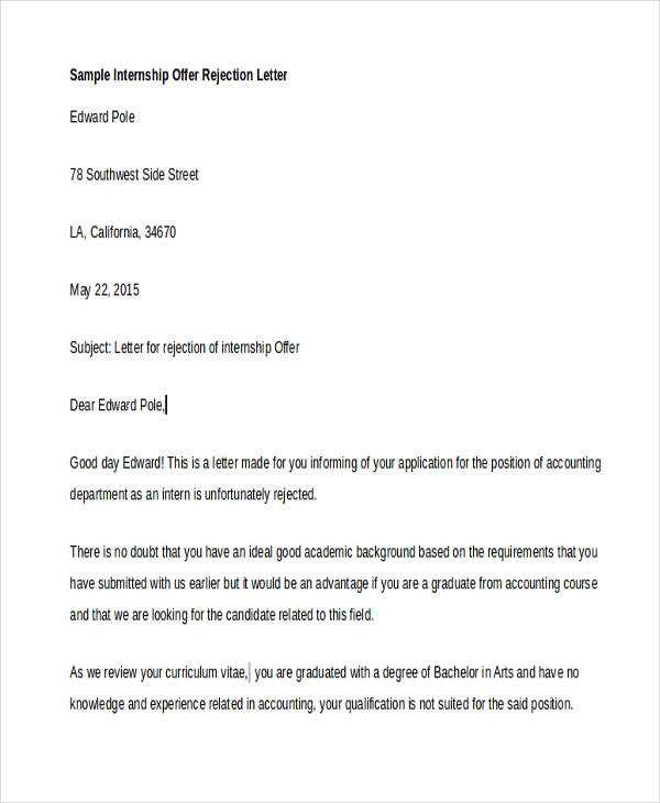 rejection offer letter template