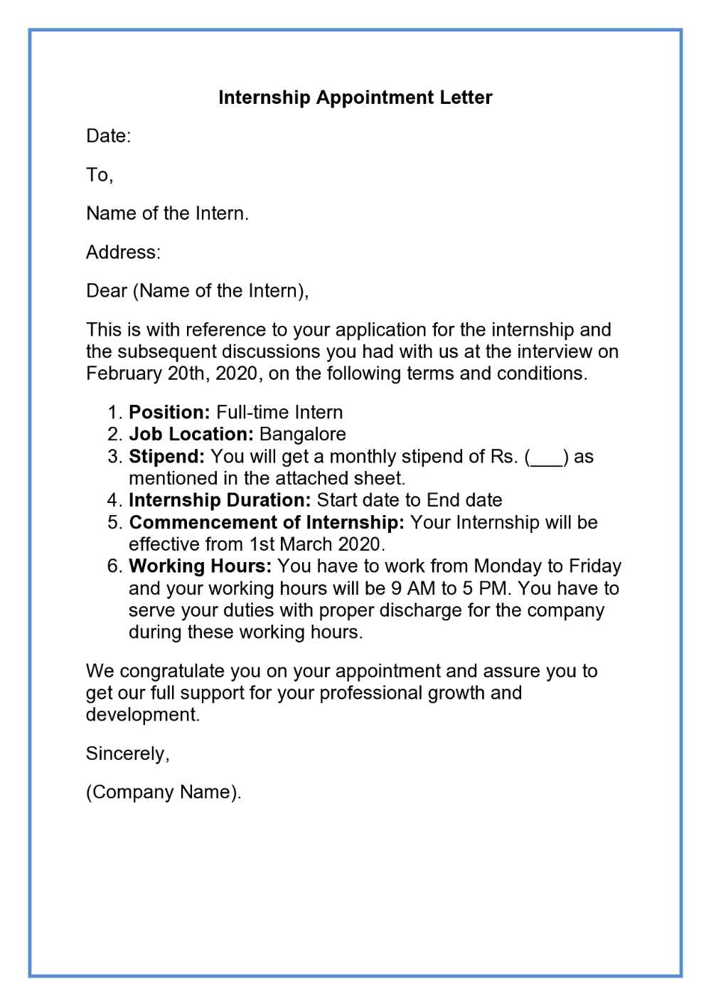 offer letter template for internship