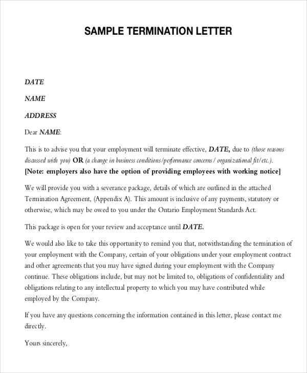 termination letter template ontario