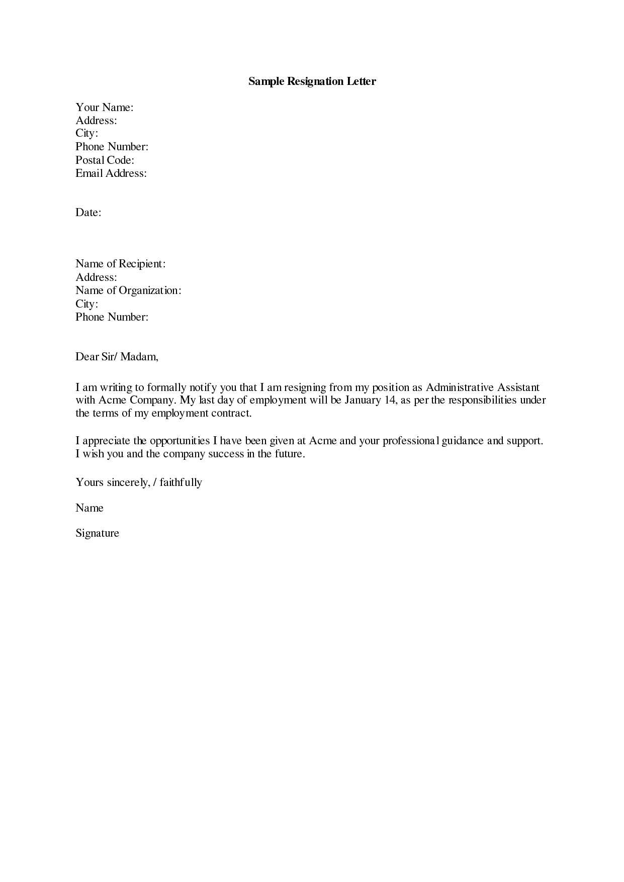 templates for resignation letter short notice