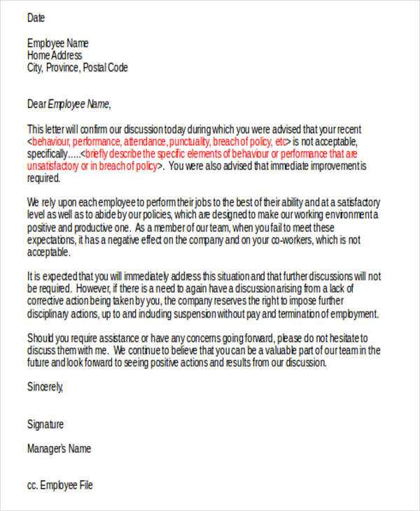 disciplinary letter to employee template