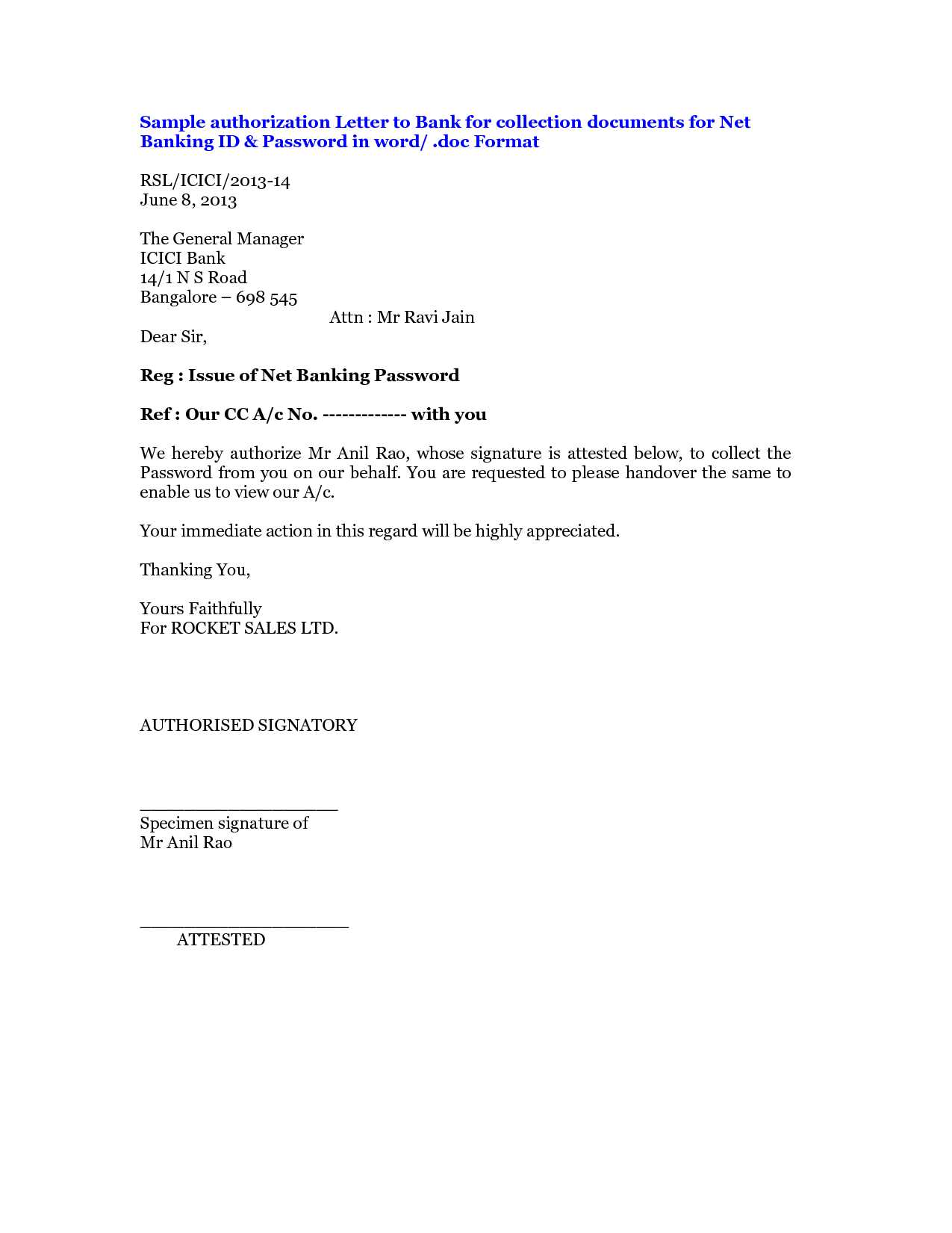 bank authorisation letter template