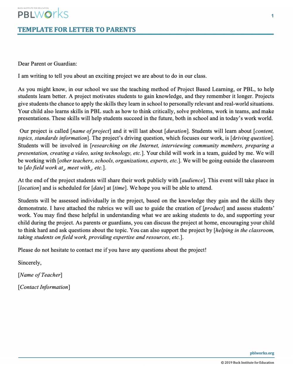 welcome letter template for parents