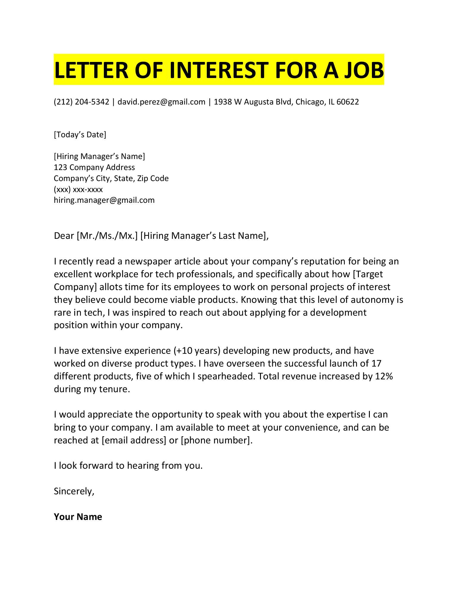 job letter of interest template