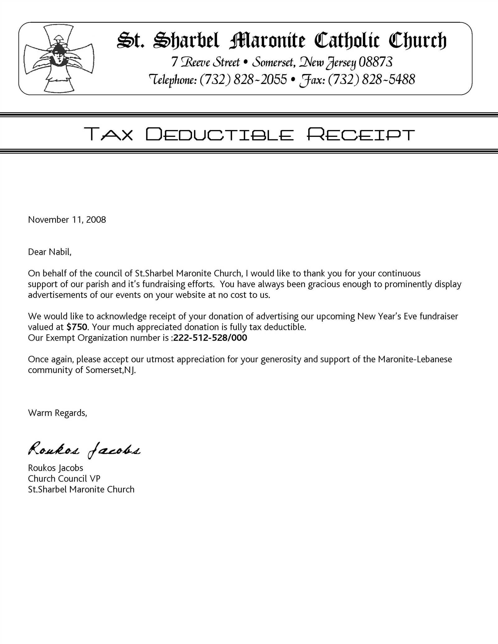 church donation receipt letter template