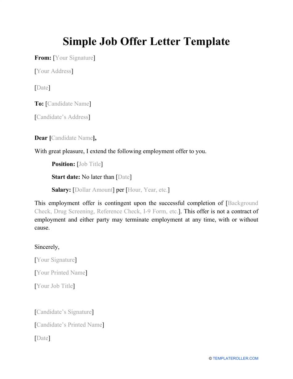 simple job offer letter template word