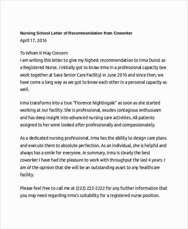 nursing recommendation letter template