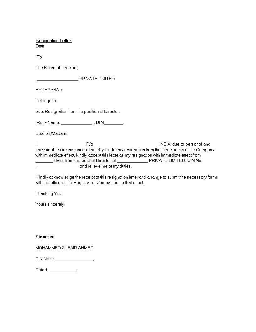 company director resignation letter template