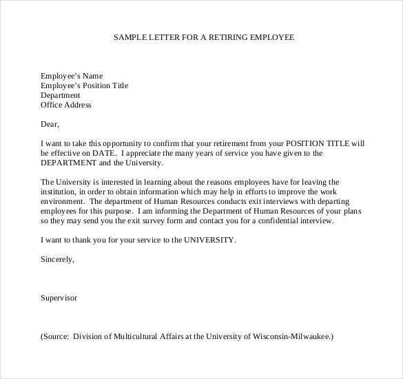 resignation retirement letter template