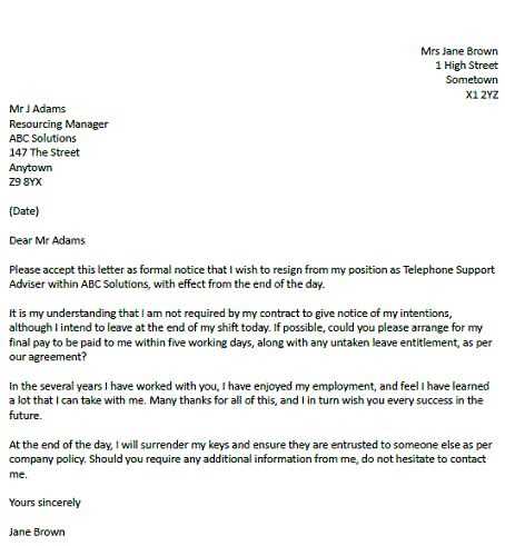 resignation letter without notice template