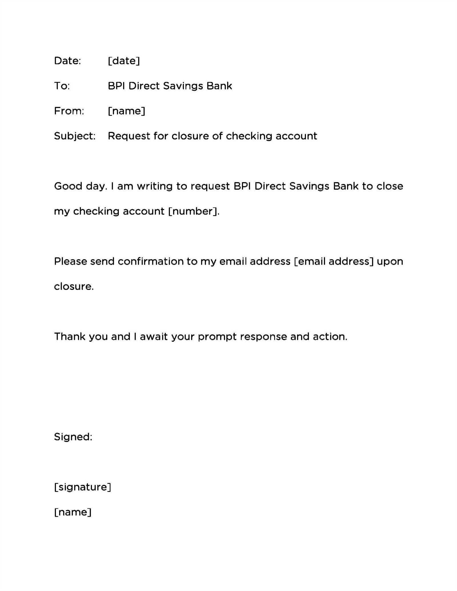 closing bank account template letter