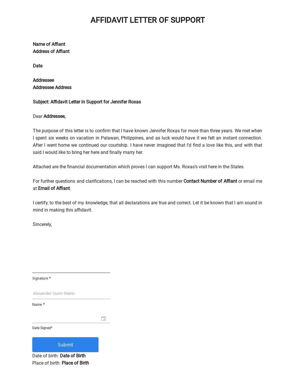 visa support letter template