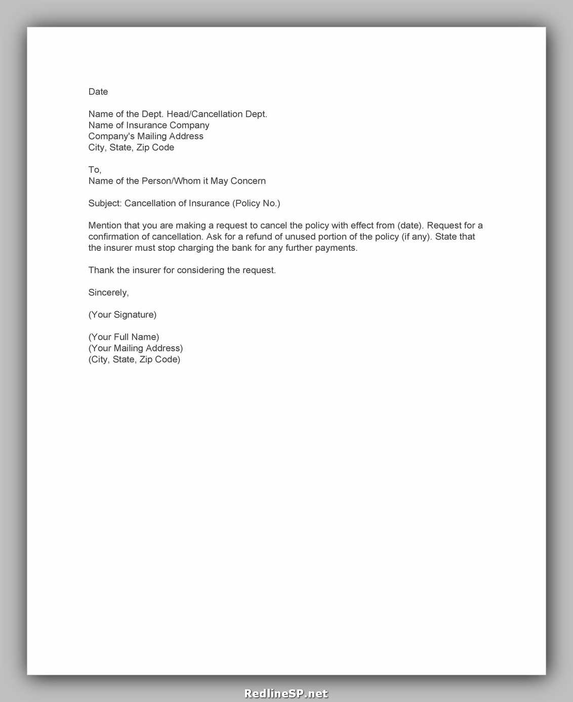 life insurance cancellation letter template